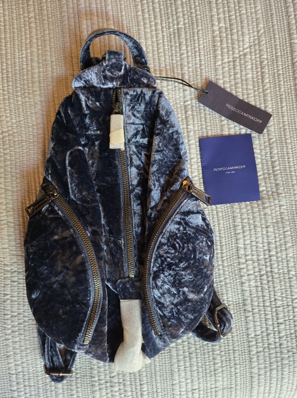 Rebecca Minkoff Dark Blue Velvet Mini Backpack with Gold Zippers